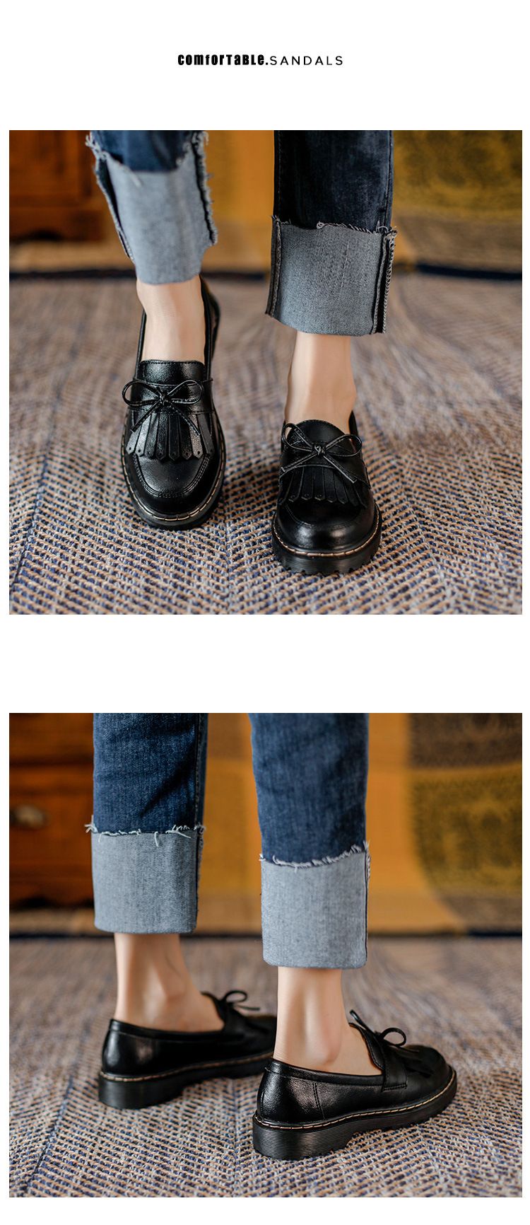 Damenschuhe Retro-Lederschuhe mit dicker Sohle und klobigem Absatz, Schleife, Quaste, Slipper, Lazy-Schuhe mit runder Spitze_voghion.com