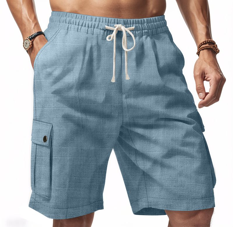 Pantalones cortos casuales de playa de lino con nudo de bambú para hombre de American Amikaji Outdoor Tactical Workwear de verano_voghion.com