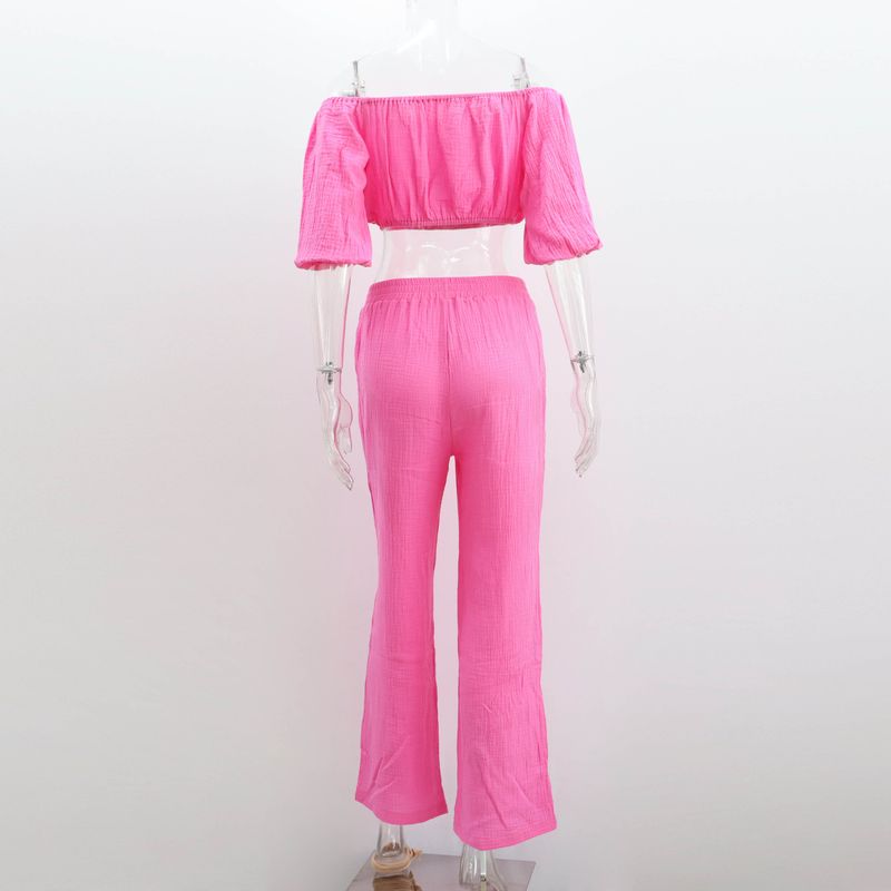 Damen-Knitterstoff aus reiner Baumwolle, einfarbig, kurzärmliges Oberteil mit Kragen, Hose mit hoher Taille und weitem Bein, lässiger Anzug_voghion.com