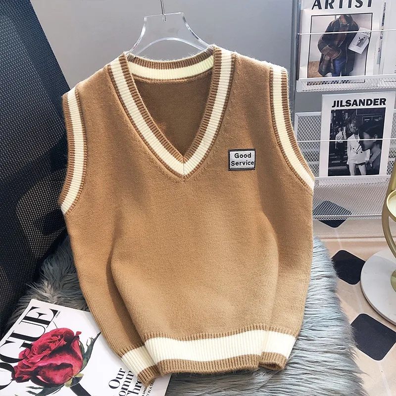 College style knitted for women in autumn and winter, layered on to, loose shoulder V-neck sleeveless sweater, vest_voghion.com