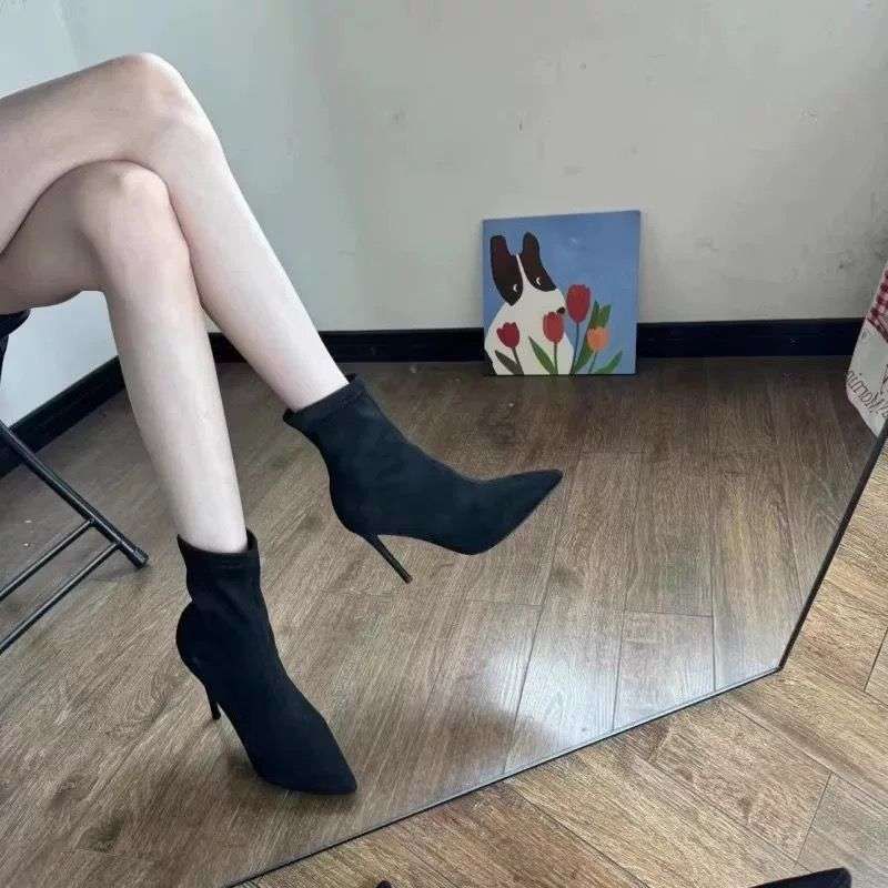 Stiletto High Heel Ankle For Women 2025 Autumn Winter New Pointed Toe Suede Stretch Slim Slimming Mid-Calf Sock Boots_voghion.com