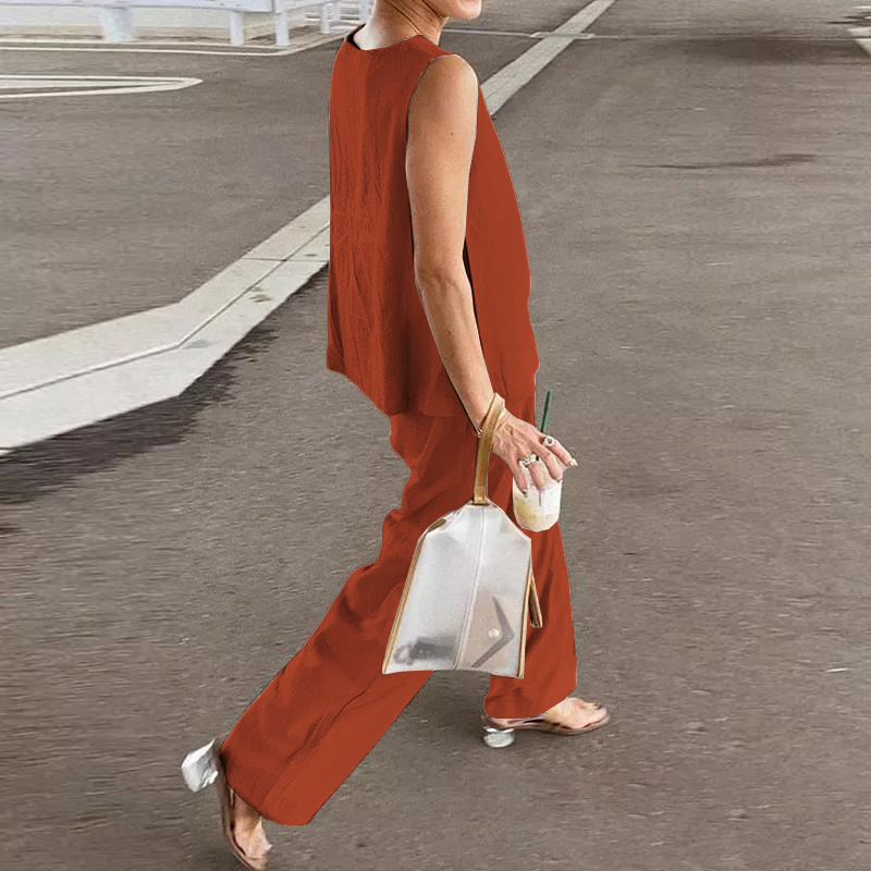 Completo da donna in taglie forti, con camicia e pantaloni larghi in tinta unita, due pezzi_voghion.com