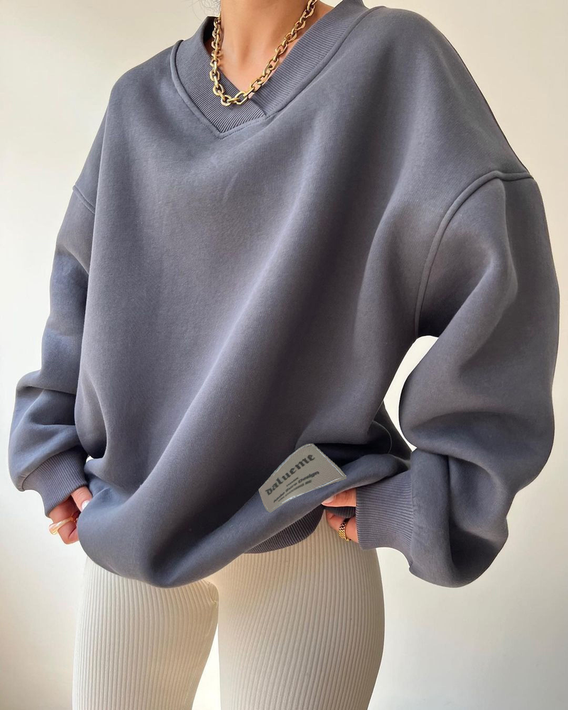 Dammen Hierscht a Wanter V-Ausschnëtt Langärmlech villsäiteg Sweatshirt fir Fraen_voghion.com