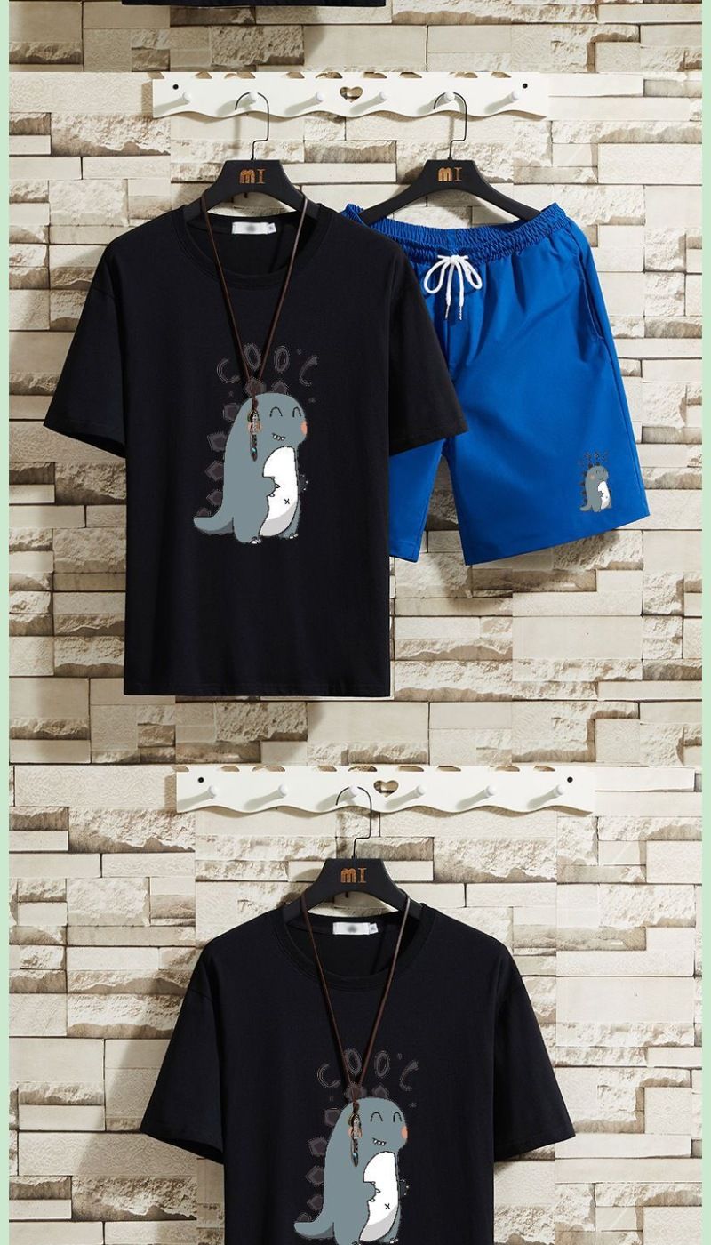 Men's Summer Hip Hop T-shirt cu mânecă scurtă cu dinozaur, pantaloni scurți largi, cu mânecă scurtă, set de două piese, 12_voghion.com