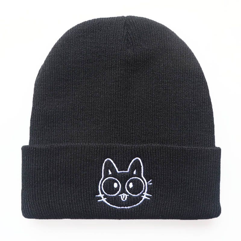 Unisex Cartoon weird cute emoticon cat embroidered knitted hat sleeve warm hat Hip hop wool hat_voghion.com
