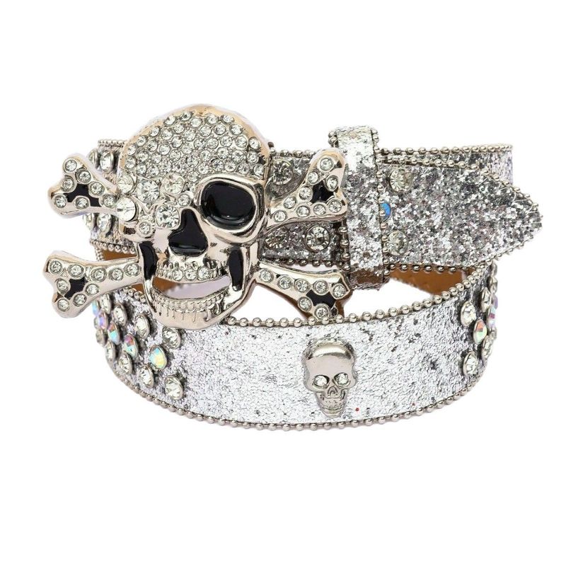 Cinturón de alta gama para mujer con estampado de calavera y incrustaciones de diamantes de imitación, moderno y con personalidad._voghion.com