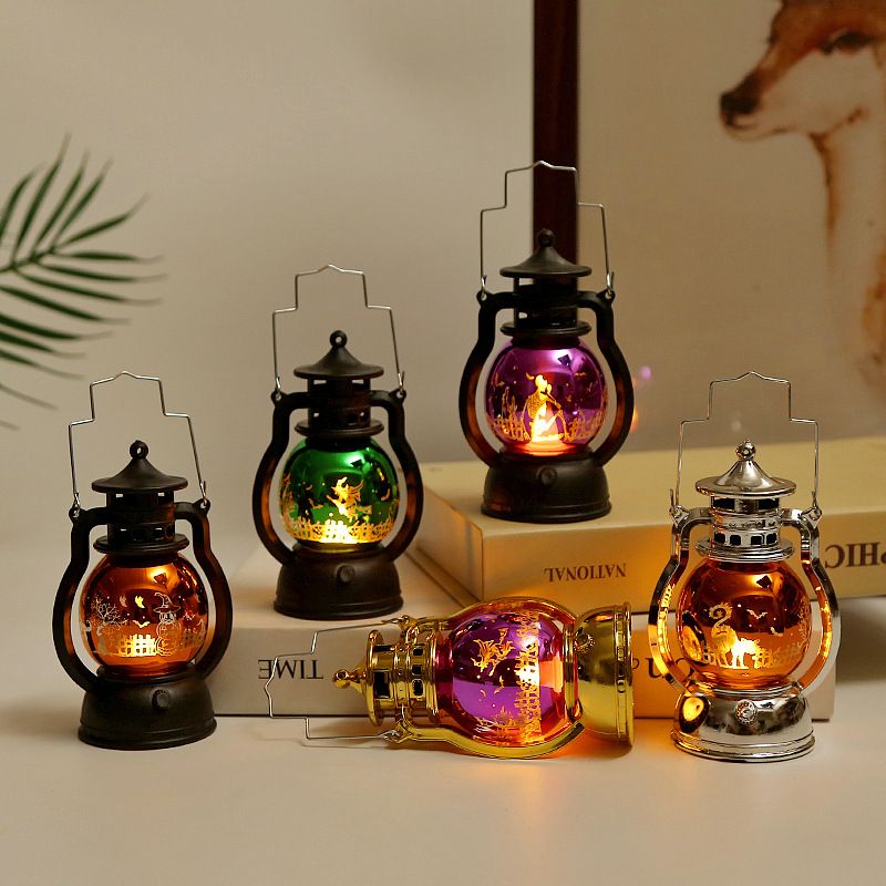 Vintage Halloween Laser Pumpkin Lantern - Witch, Skull & Pumpkin Design, Decorative LED Oil Lamp For Party, Bar & Home Decor_voghion.com