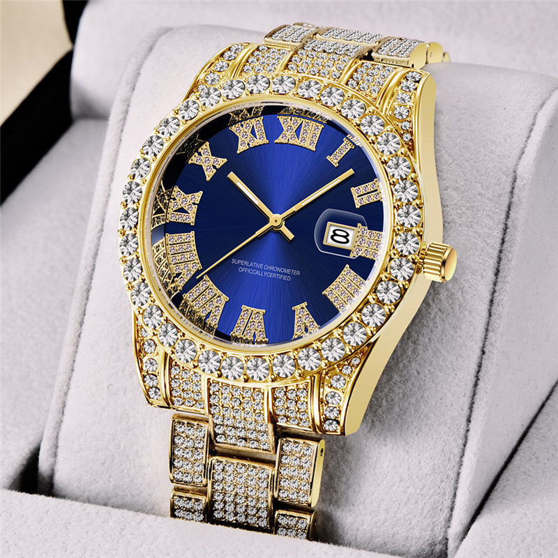 Hip Hop Brand Water Ghost Sky Star Set with Diamond Gold Calendar Quartz Watch Men's_voghion.com