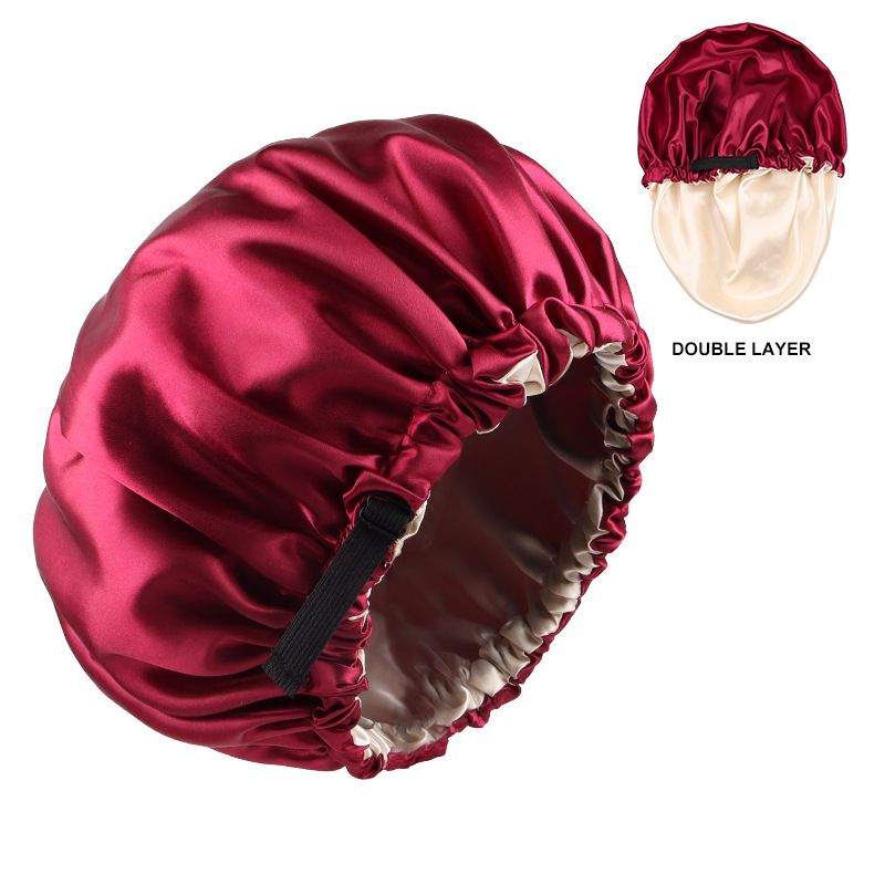 Cuffia da notte in raso a doppio strato, fibbia regolabile invisibile piatta, cuffia da doccia in seta tinta unita, indossabile su entrambi i lati, cuffia elastica per capelli_voghion.com