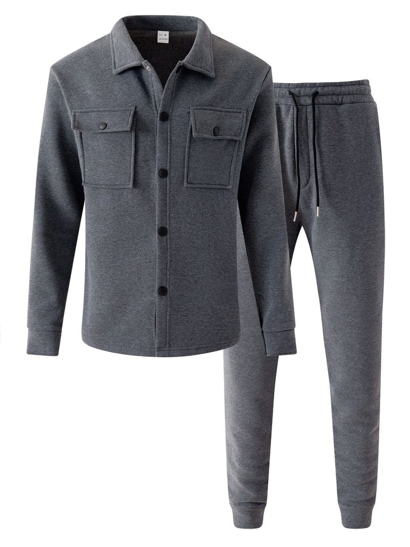 Herren-Set aus gebürsteter Fleecejacke und -hose – Einreihiger Winteranzug (S-XXXL, Schwarz/Grau/Armeegrün)_voghion.com