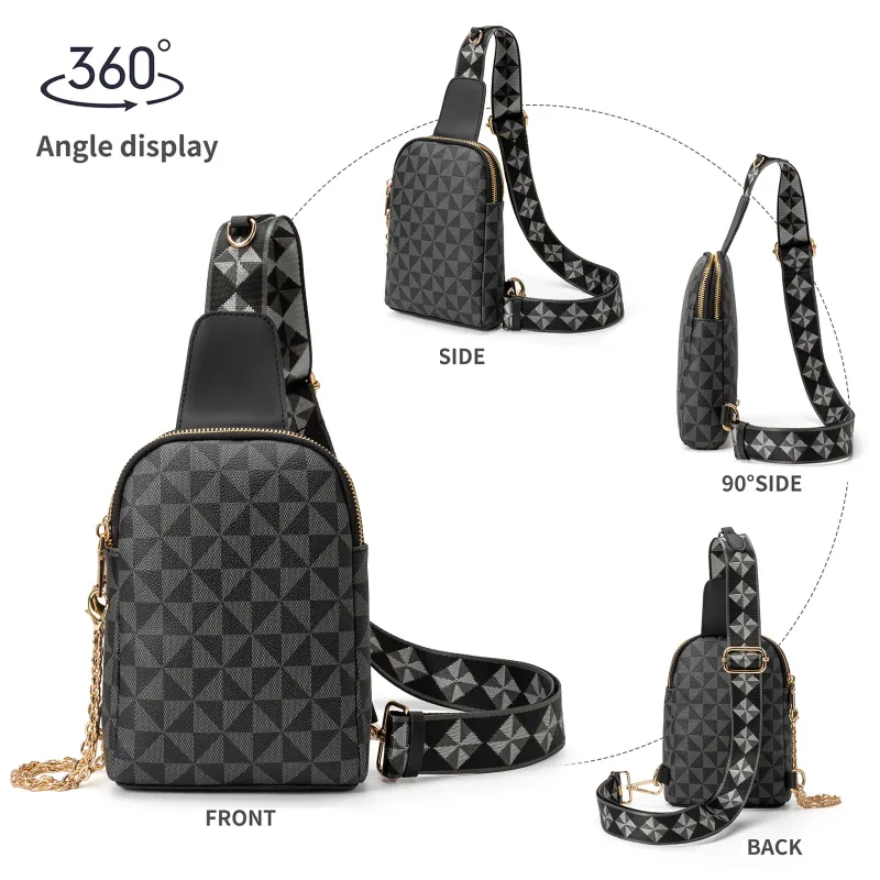 Designer Bag Free Shipping Geometric Pattern Sling Bag Chain Decor Adjustable Strap Student Schoolbag_voghion.com