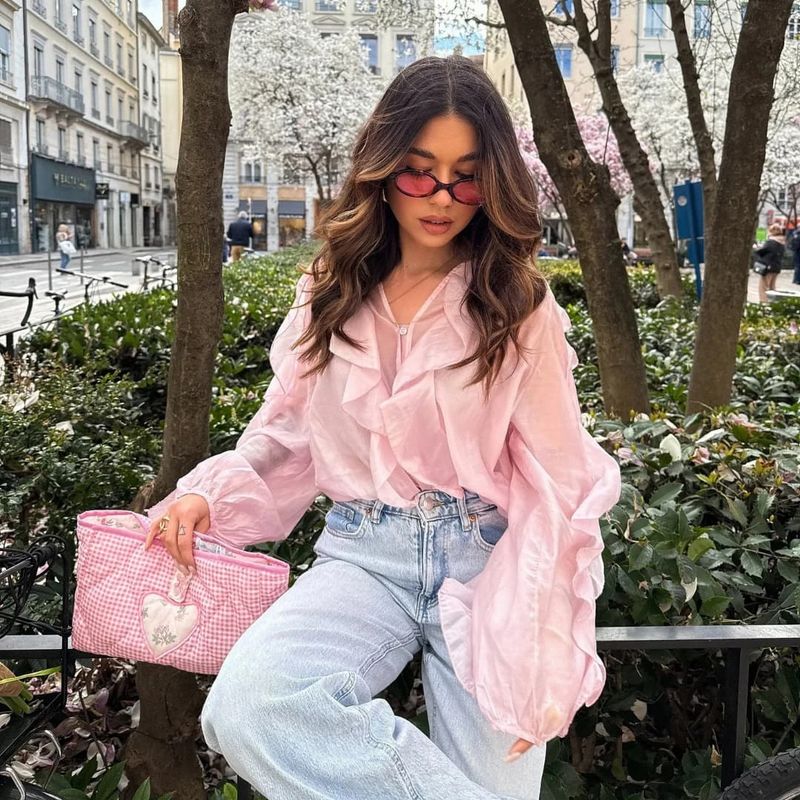 Elegant Chiffon Blouse With Cascading Hem – Flowy V-Neck Shirt With Ruffle Detail (Polyester, S-L, White/Pink/Khaki, Boho Office )_voghion.com