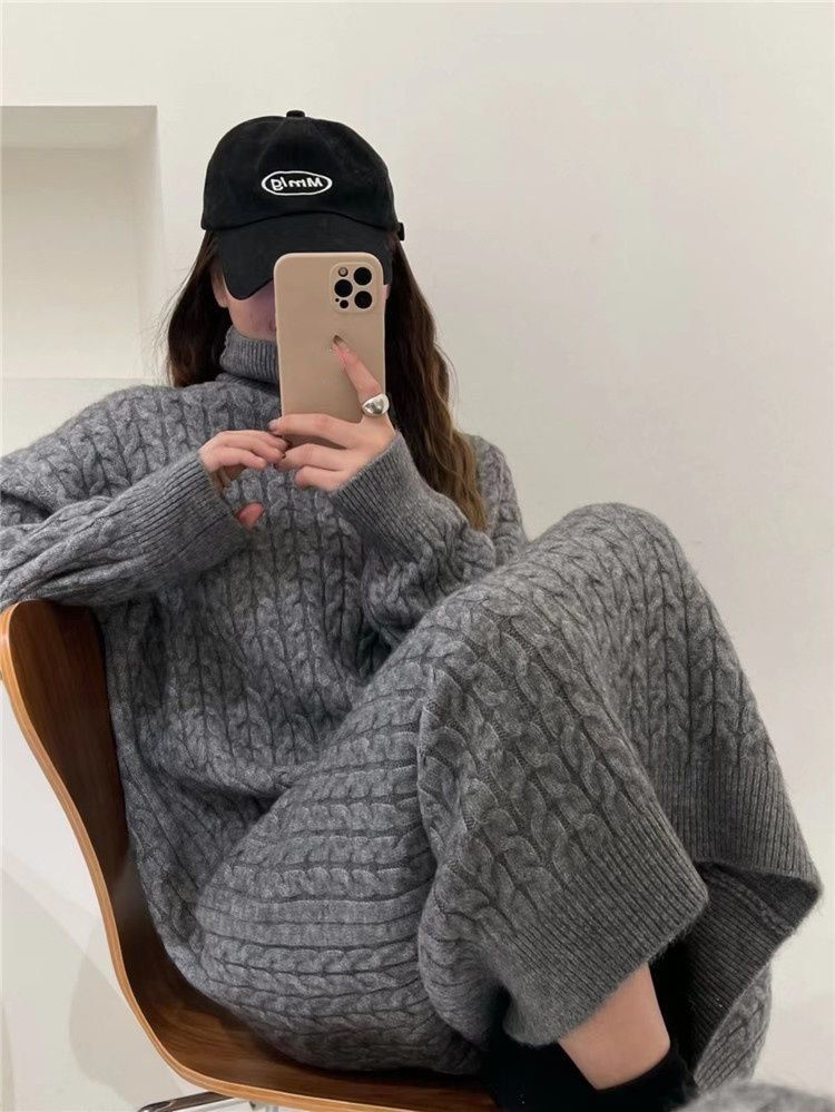 Maglione lungo sopra il ginocchio alla moda, stile coreano, con collo alto e trecce, per donna_voghion.com