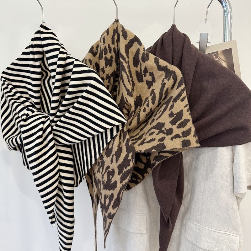 Wool Blend Striped Shawl Oversized Autumn Winter New Warm Triangle Knitted Women's Knotted Shoulder Wrap Scarf_voghion.com