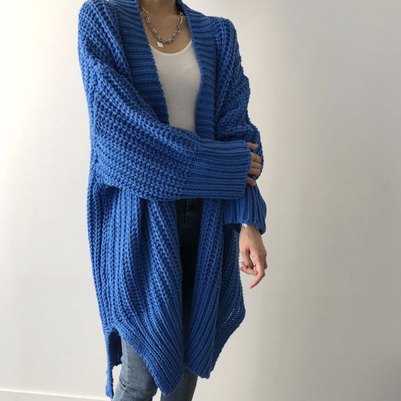 Cardigan lungo in maglia da donna - Maglione oversize con scollo a V e apertura frontale, morbido misto acrilico, vestibilità comoda, cappotto casual, blu e nero_voghion.com