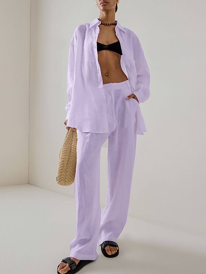 Abito per il tempo libero in puro cotone dal design alla moda da donna 2024 nuovo abito a due pezzi con pantaloni a camicia slim semplici_voghion.com