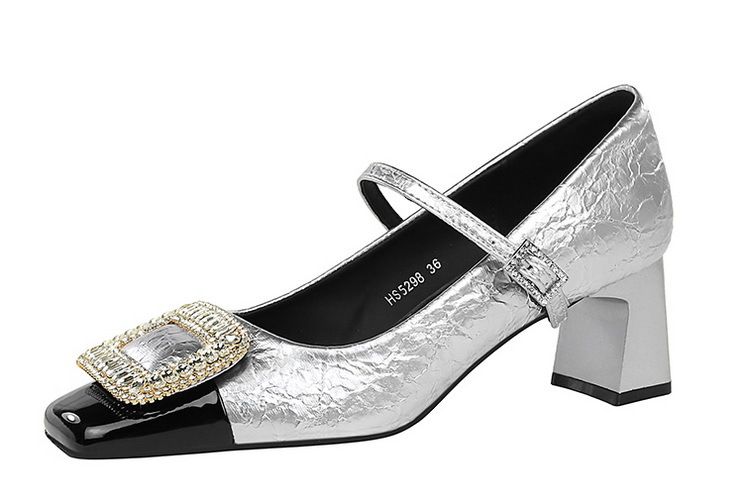 5298-K32 Scarpe da banchetto da donna con tacco medio grosso, punta quadrata, cinturino con fibbia in metallo con diamanti e bocca leggera, con blocchi di colore_voghion.com