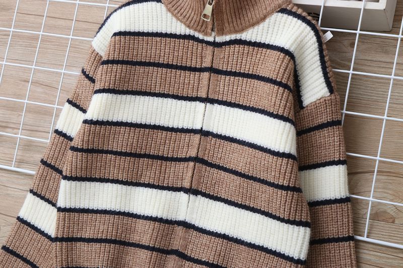 Strickjacke aus Lammwolle für Mutter und Kind, weicher, warmer Strickpullover für große Kinder (ab 8 Jahren), gestreiftes Design, lange Ärmel, Stehkragen (Grau/Marineblau)_voghion.com