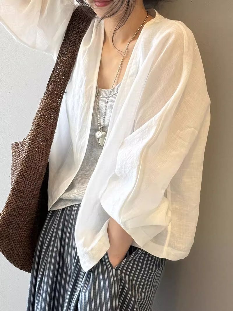 Giacca da donna in lino e cotone vintage, camicetta boho oversize a maniche lunghe, copricostume estivo leggero, top con protezione solare_voghion.com