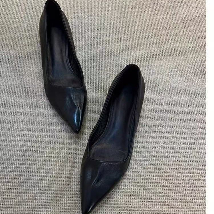 Sheepskin Version~ Pointed Toe Elegant Low Heel Single For Women Shallow Mouth Commuting Slip-On French Simple_voghion.com