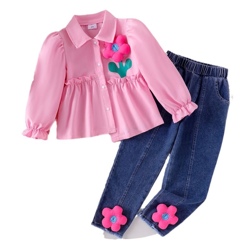 Kinderkleidung für Herbst und Winter, neues rosa Hemd mit Blumenmuster und Jeansanzug mit Blumenmuster für Mädchen_voghion.com