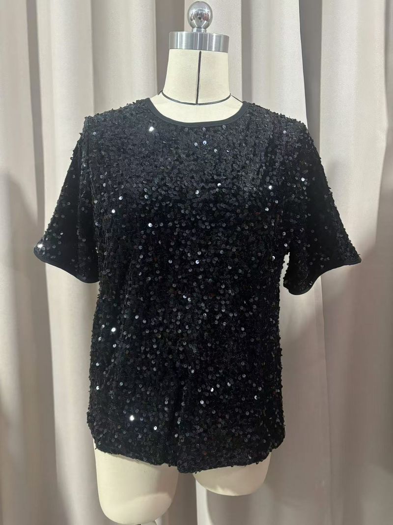 Abbigliamento da donna, stile pendolari, ampio, a maniche corte, con collo a sacco, scollo rotondo, maglietta con paillettes_voghion.com