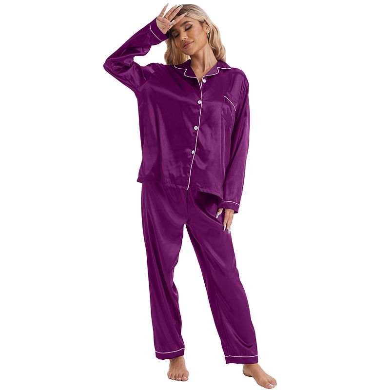 Homewear Turn-down Collar Ice Silk Pajamas Women's Sleeve Long Pants Two-piece Set Plus Size Satin_voghion.com
