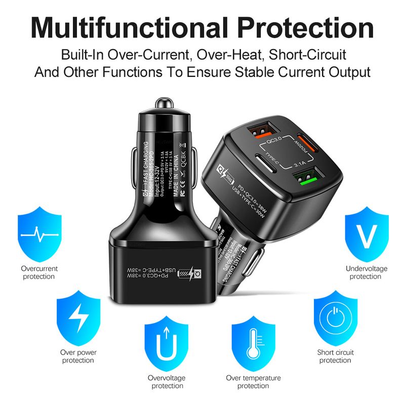 Müzik Festivali Dörtlü 38wPD+qc3.0 3.1A 2USB+Type-c hızlı şarjlı çift hatlı araç şarj cihazı_voghion.com