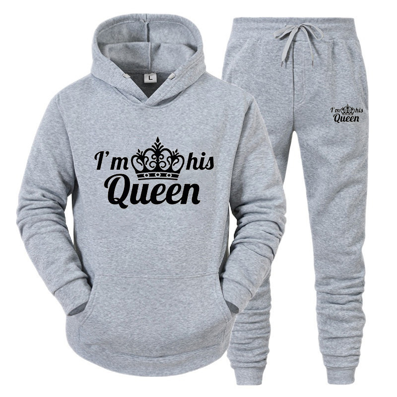Set da donna con cappuccio KING QUEEN per coppie maschili e femminili, tuta sportiva casual, set di due pezzi_voghion.com