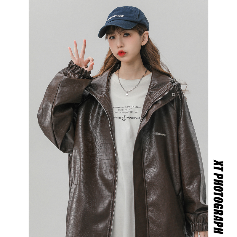 1. Unisexová pánská kožená bunda s kapucí, oversized, dámská bunda JK8744P90, barva control 128_voghion.com