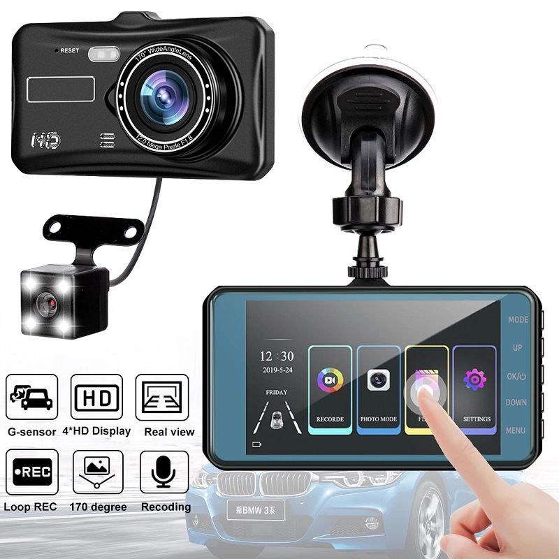 1080P Dash Cam 4inch Rearview Image HD Front And Rear Dual Recording Touch Screen DVR Wide Angle_voghion.com