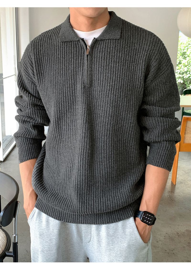 Men's Half-Zip Mock Neck Sweater - Heavyweight Fleece-Like Knit Pullover With Vertical Stripes, Warm Winter Casual Coat_voghion.com