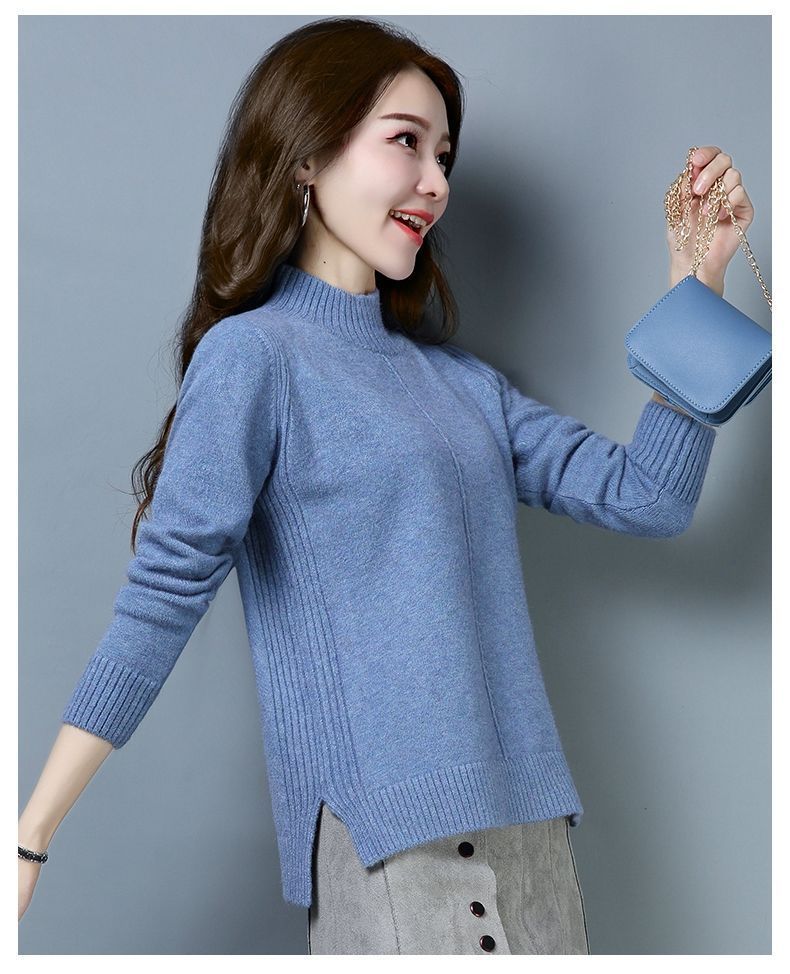 【 Cashmere Family 】 Half high neck short woolen base women's loose thick knit sweater, inner layer for autumn and winter_voghion.com