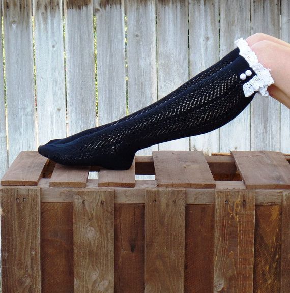 Autumn Winter Lace Trim Button Long Tube Women Over-the-Knee Cotton Slouch Hollow Knitted Socks_voghion.com