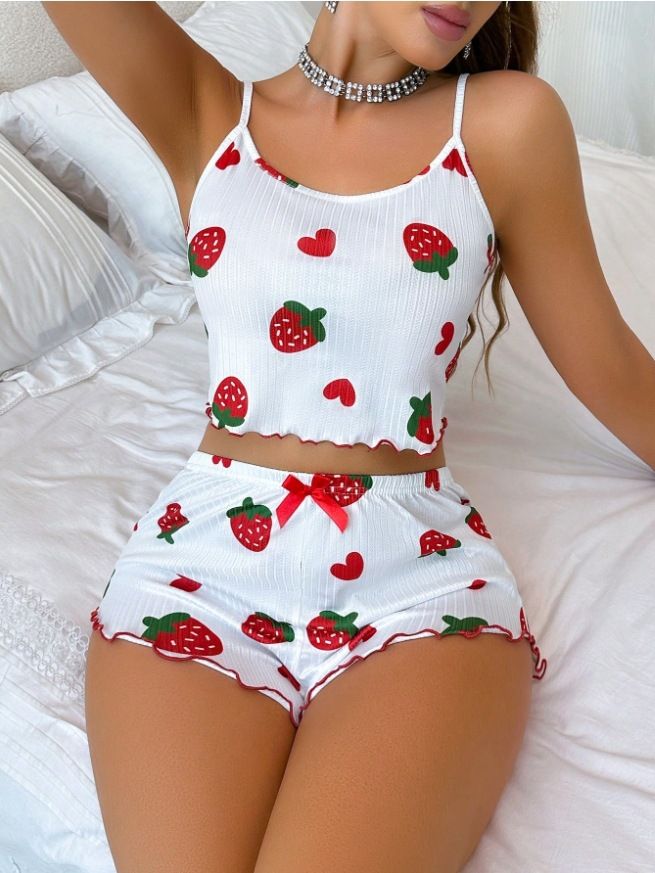 Zweiteiliges Set aus Camisole-Shorts mit Herz-Print und sexy Loungewear aus Milchseide_voghion.com