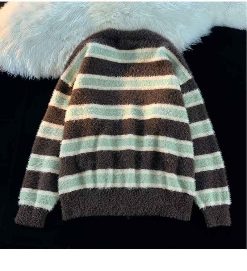 Pull en tricot à col rond paresseux et urieux de marque tendance d'hiver à rayures rétro américaines pour couples_voghion.com