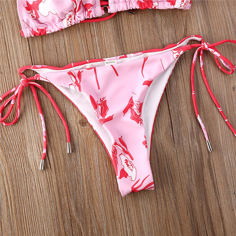 Happybuyner női nyári bikini szett 2 db Push Up párnázott melltartó, virágos, fodros fürdőruha női szexi hát nélküli strandfürdőruha_voghion.com