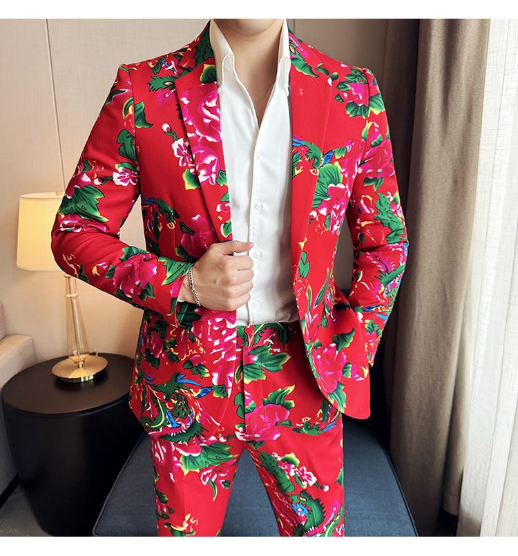 ForMen Northeast Red Flower Herrenmode-Trend Persönlichkeit Retro Hübscher Slim Fit High-End-Anzug Zweiteiliges Set_voghion.com