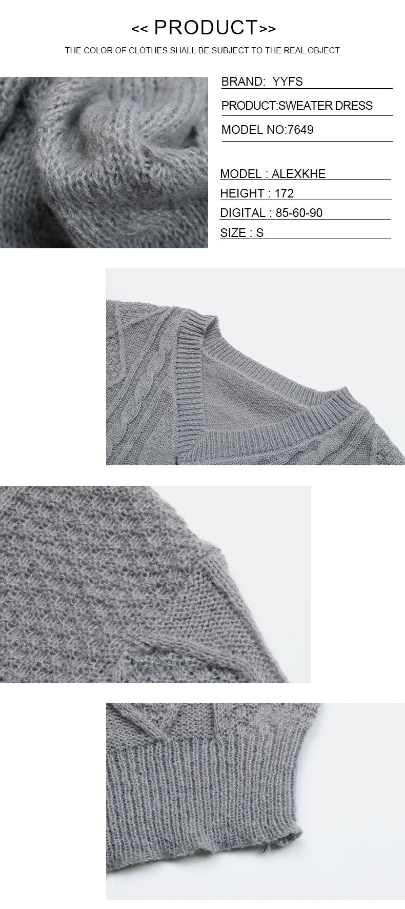 Einfarbiges, gestricktes, loses Pulloverkleid mit V-Ausschnitt_voghion.com