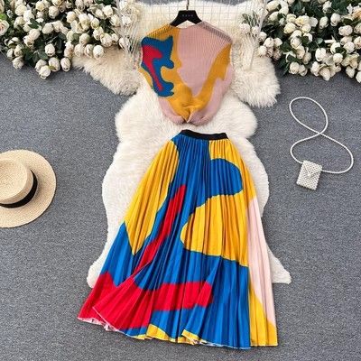 Women's Clothing print suit women's summer new style high end temperament half turtleneck top + pleated skirt two piece set_voghion.com