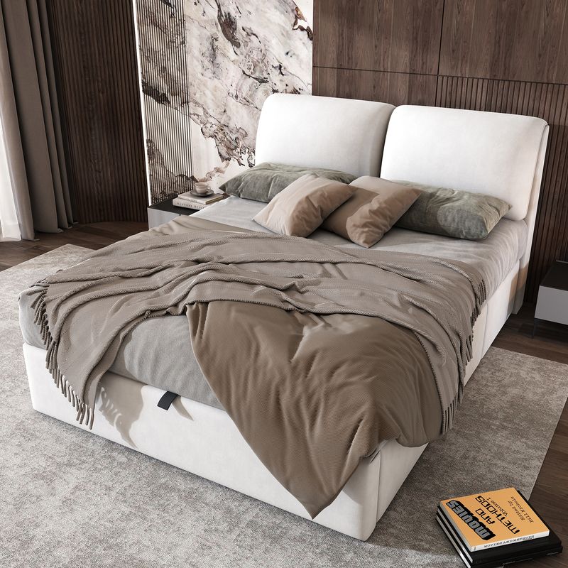 Lit coffre hydraulique 140 x 200 cm, 3 tiroirs, cadre de lit capitonné en velours beige avec sommier à lattes et tête de lit, matelas non inclus._voghion.com