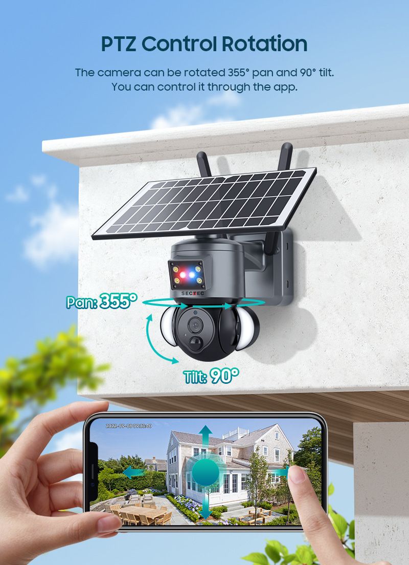 Câmera solar de alarme vermelha e azul, placa externa 4G, câmera de vigilância de baixo consumo de energia, 4 milhões de pixels_voghion.com