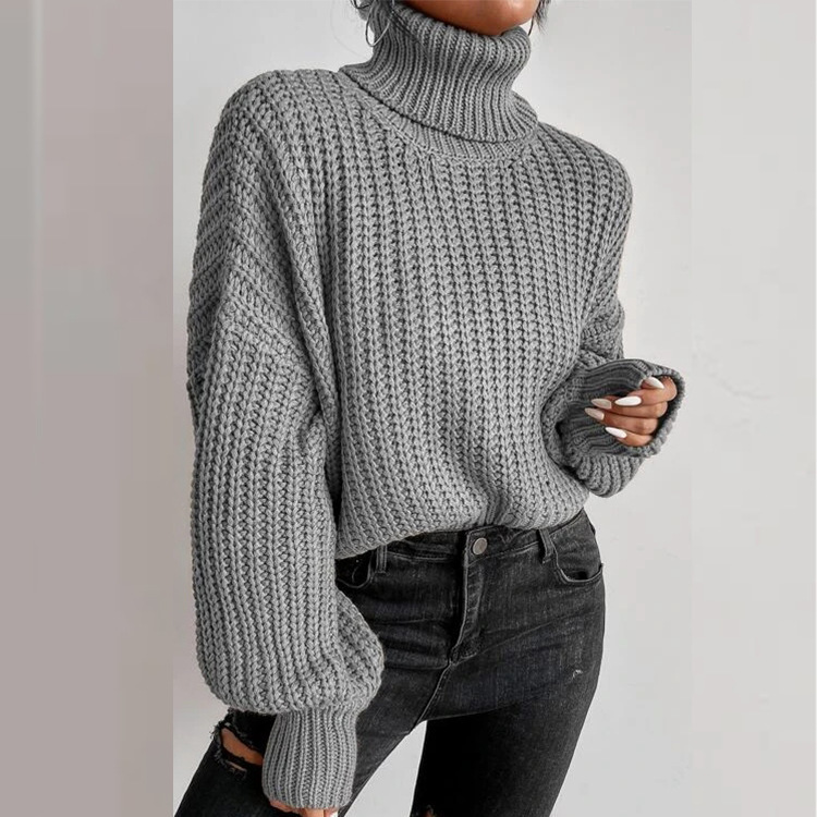Women's fashion drop shoulder long sleeve knit loose turtleneck sweater_voghion.com