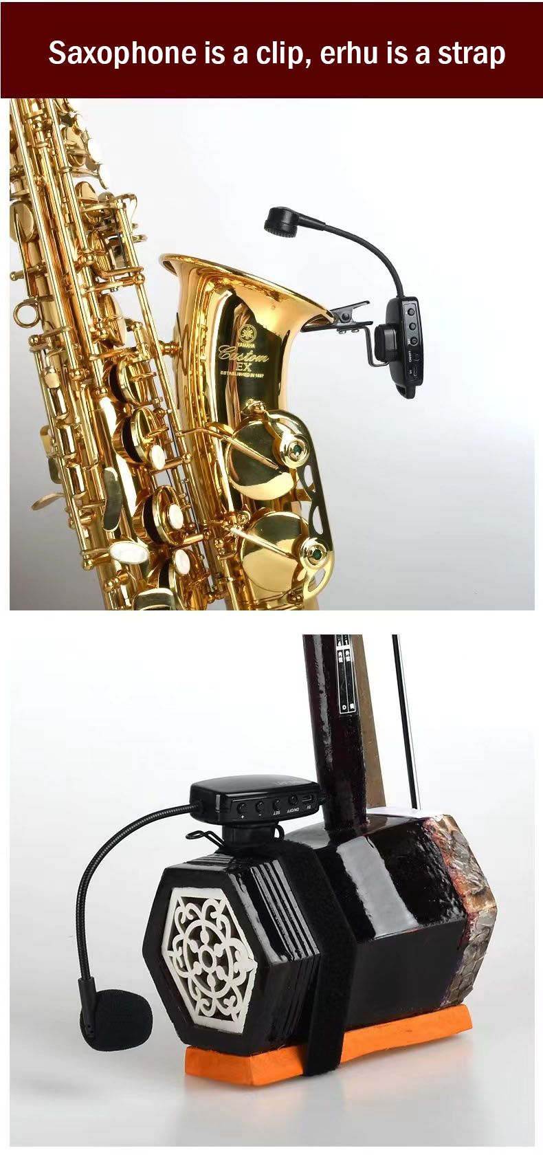 Microphone sans fil adapté au saxophone, à la trompette/au trombone, au cor français et à d'autres instruments à plusieurs orchestres_voghion.com