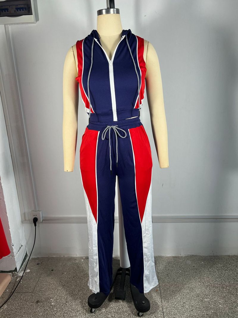 Damenbekleidung Polyester Mesh Jersey Stoff Spleißen Kapuze Kordelzug Ärmellos Hosenanzug Zweiteiliger Anzug_voghion.com