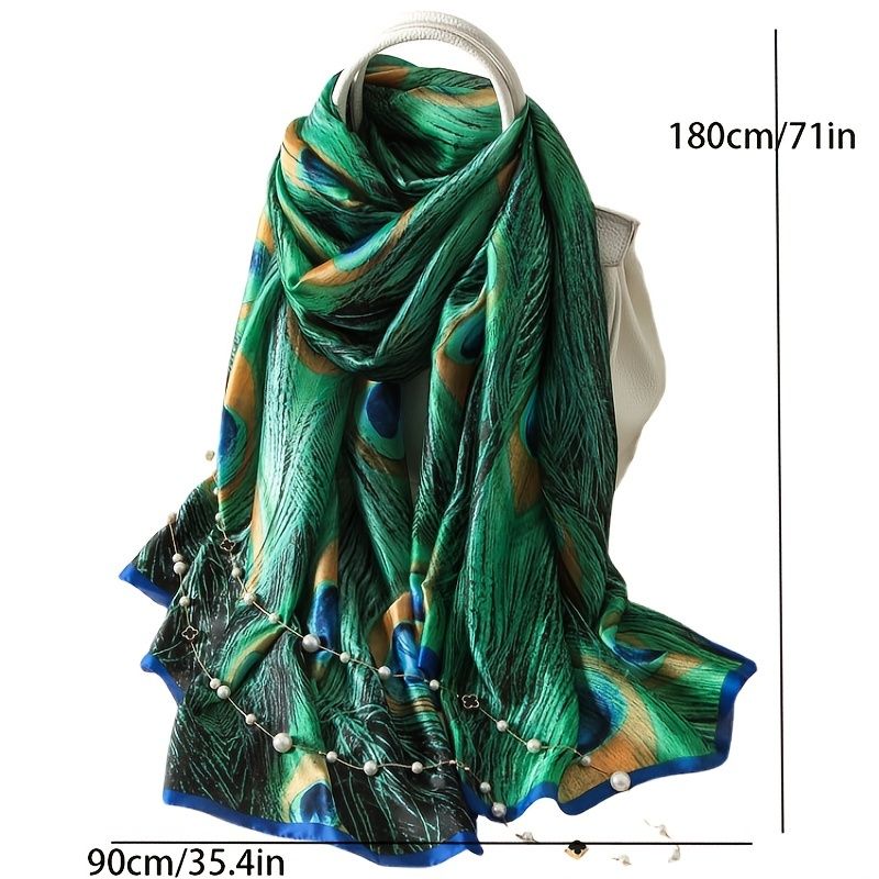 Bufanda bohemia vintage con estampado de plumas de pavo real verde para mujer, pañuelo informal resistente al viento para la cabeza, toalla de playa de viaje_voghion.com
