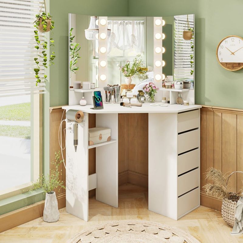 Corner Vanity Desk With 3-Color LED Lighted Mirror And Power Outlet_voghion.com