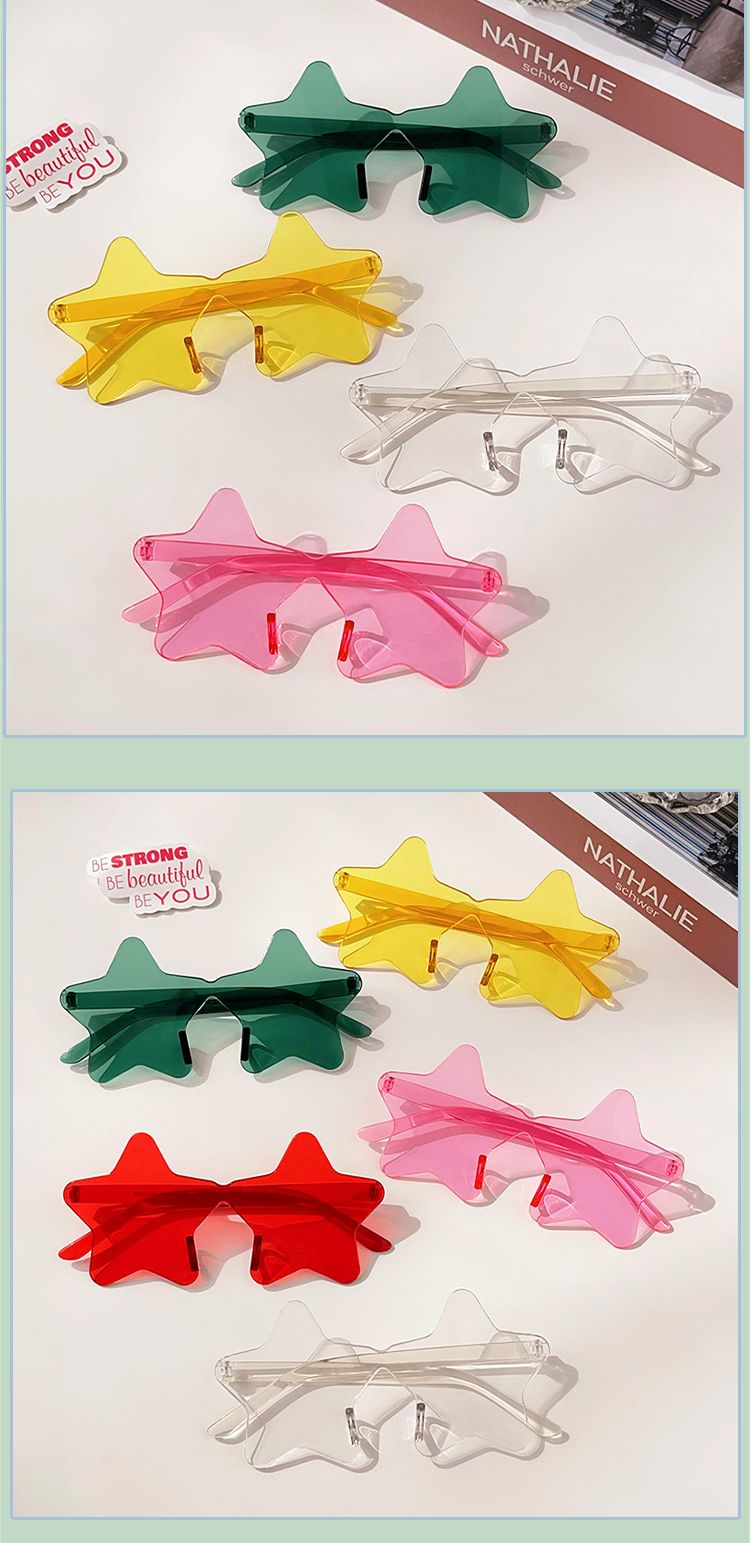 2024 Frauen Mädchen Mode personalisierte Farben fünfzackige sternförmige Sonnenbrille Erwachsene einfache Vintage randlose weibliche Sonne_voghion.com