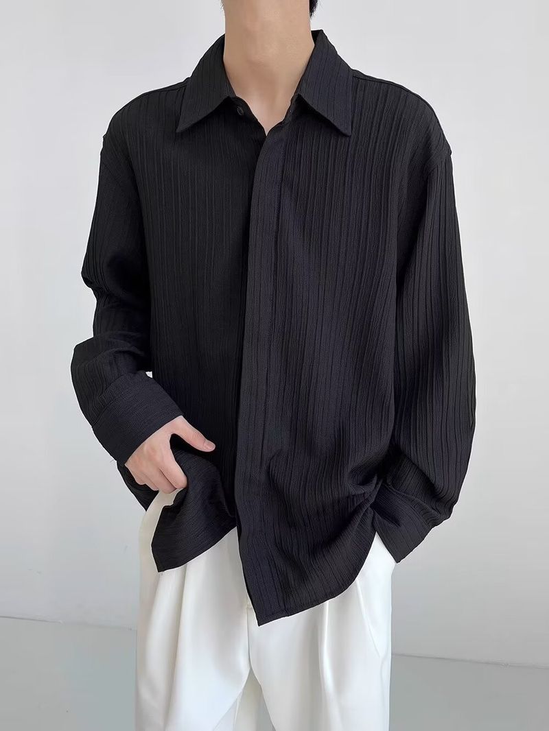 Advanced Style Shirt Männer Laangärmlech Plisséiert Hemd Äis Seid Neie Stil Cool Casual Top Männer_voghion.com