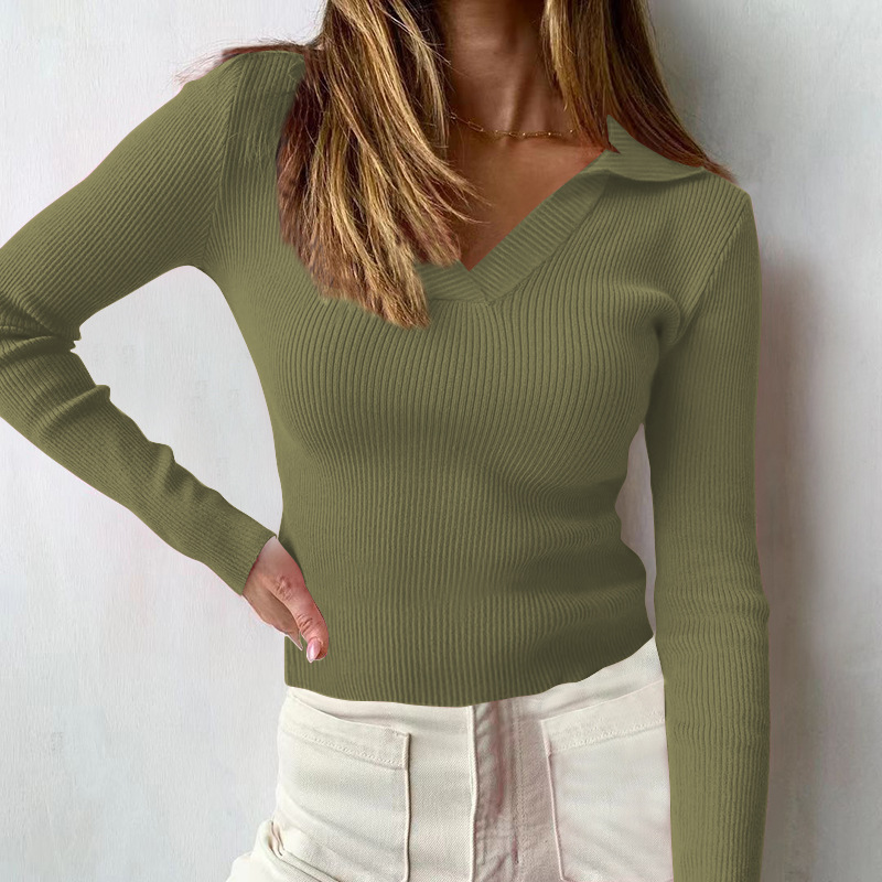 T-shirt da donna elegante con collo alto e maniche lunghe a V profonda in cotone attillato_voghion.com